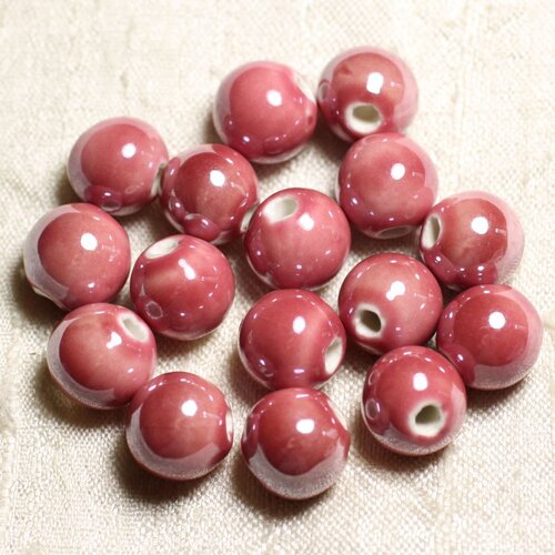 100pc - perles céramique porcelaine rondes irisées 12mm rose corail pêche