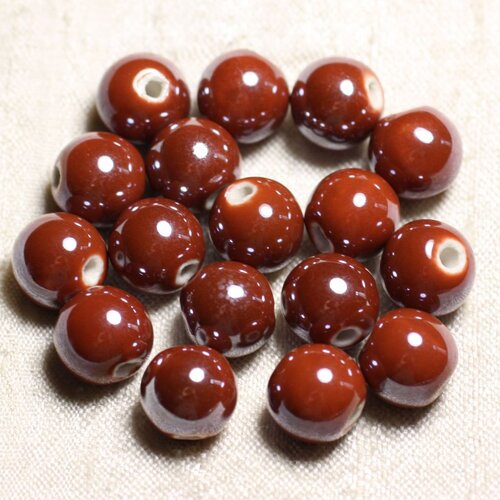 100pc - perles céramique porcelaine rondes irisées 12mm rouge marron brique