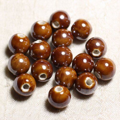 100pc - perles céramique porcelaine rondes irisées 12mm marron