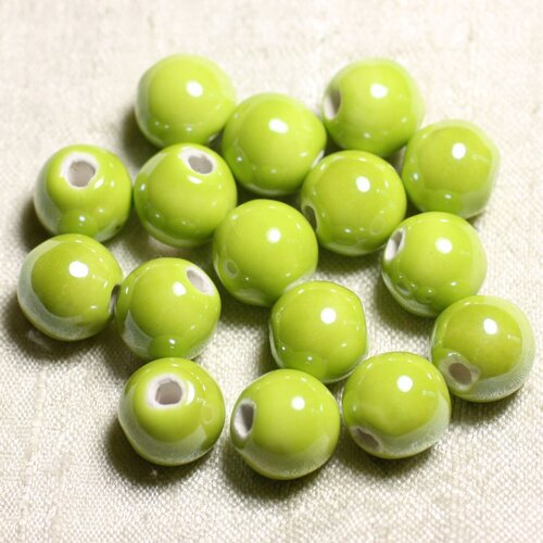 100pc - perles céramique porcelaine rondes irisées 12mm jaune vert citron anis
