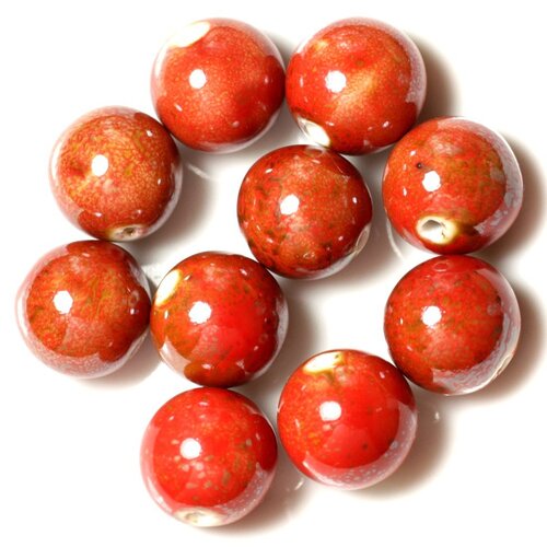 50pc - perles céramique porcelaine boules 18mm rouge marron jaune doré