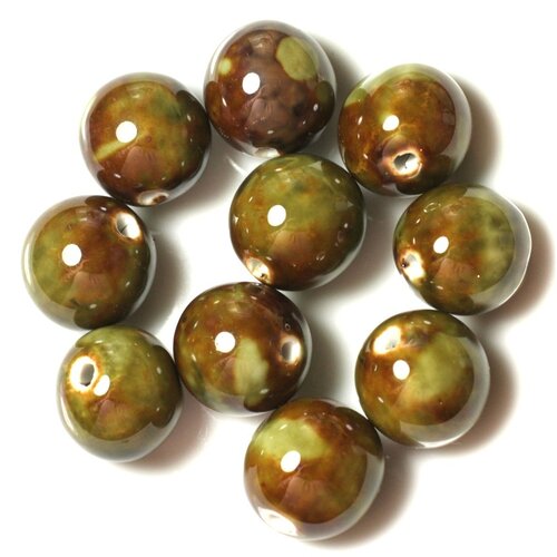50pc - perles céramique porcelaine boules 18mm vert kaki marron