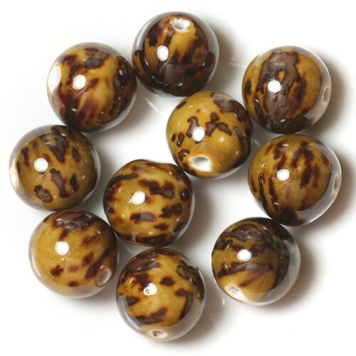 50pc - perles céramique porcelaine boules 18mm jaune ocre marron