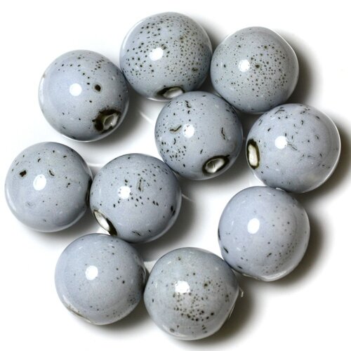 50pc - perles céramique porcelaine boules 18mm bleu clair pastel noir tacheté