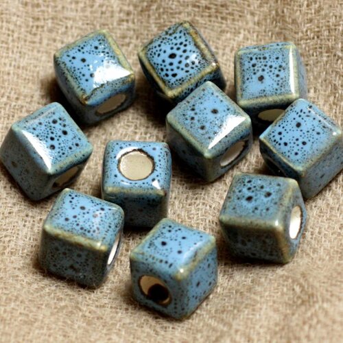 100pc - perles céramique porcelaine cubes 10mm bleu turquoise