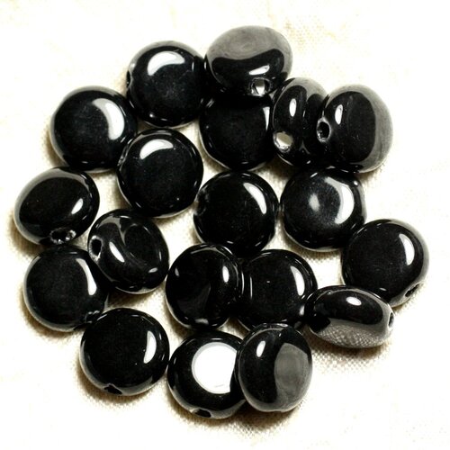50pc - perles porcelaine céramique ronds palets 15mm noir