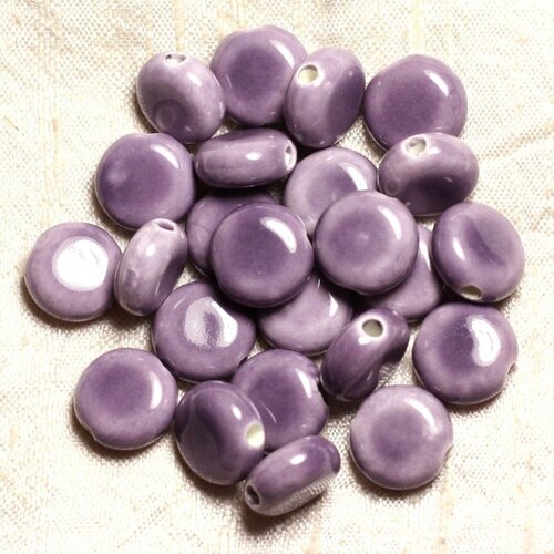 50pc - perles ceramique porcelaine rond plat palet 14mm violet mauve parme