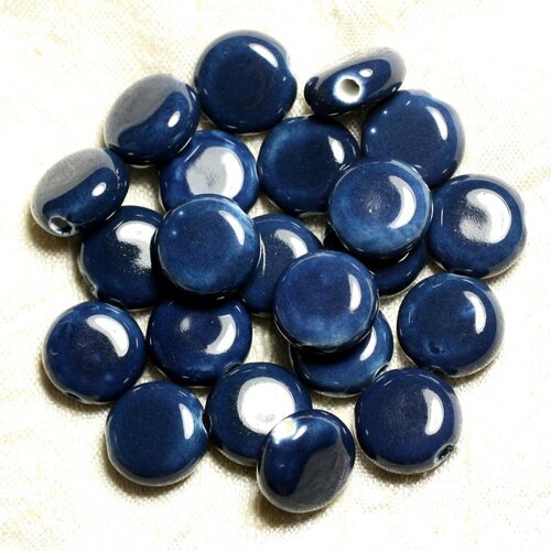 100pc - perles céramique porcelaine palets 14mm bleu nuit