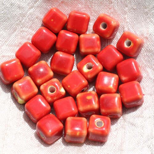 100pc - perles céramique porcelaine cubes 9-10mm rouge orange