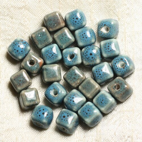 100pc - perles céramique porcelaine cubes 9-10mm bleu turquoise