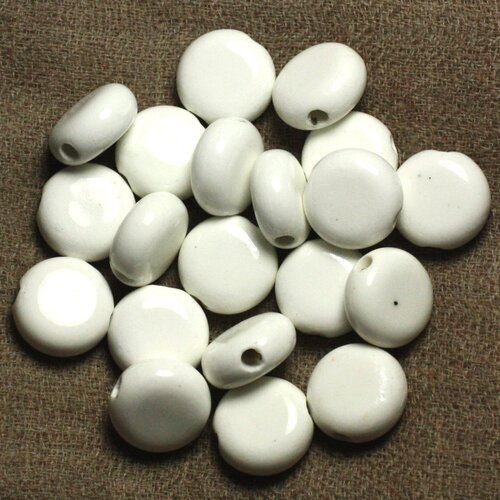 50pc - perles porcelaine céramique ronds palets 15mm blanc