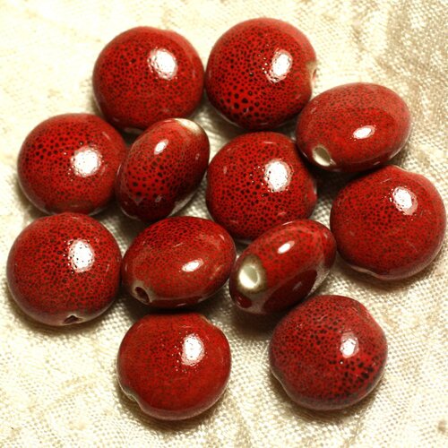 50pc - perles porcelaine céramique ronds palets 15mm rouge et noir tacheté