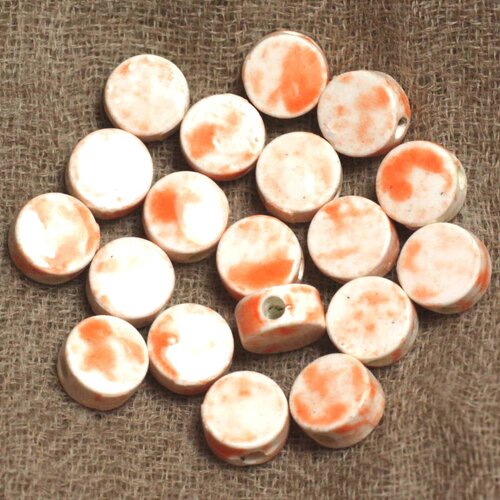 100pc - perles céramique porcelaine palets 8mm blanc orange