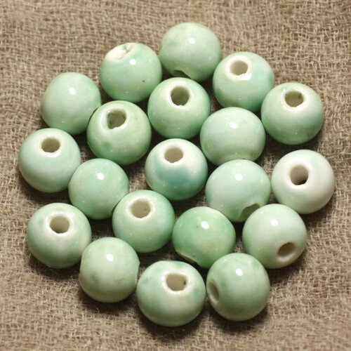 100pc - perles ceramique porcelaine boules 10mm vert turquoise menthe pastel