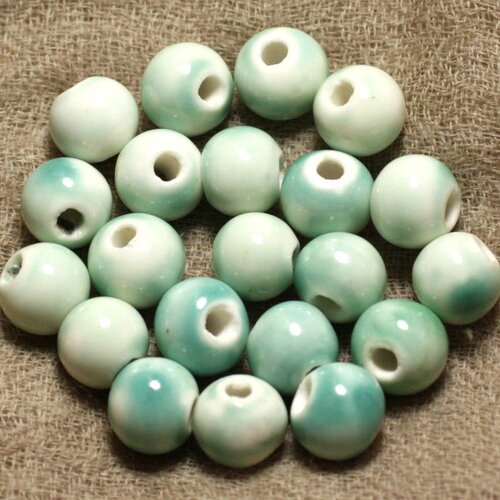 100pc - perles céramique porcelaine rondes 10mm blanc vert turquoise