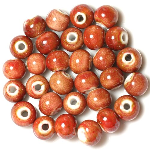 100pc - perles ceramique porcelaine boules 10mm rouge marron brique tacheté