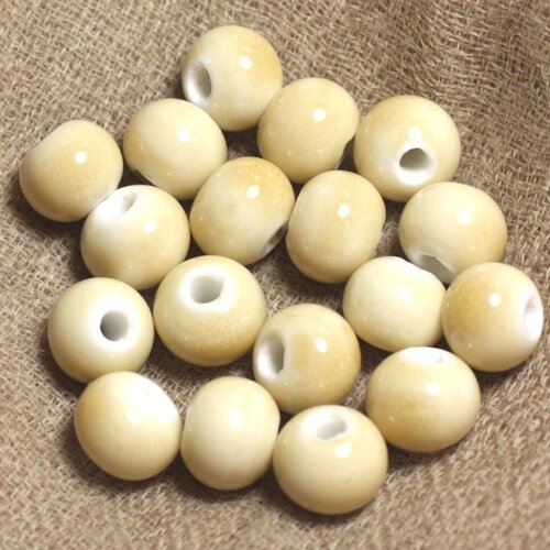 100pc - perles ceramique porcelaine boules 10mm blanc jaune clair pastel