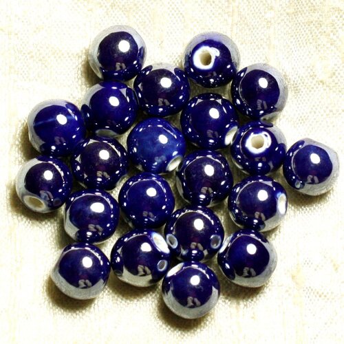 100pc - perles céramique porcelaine rondes irisées 10mm bleu nuit