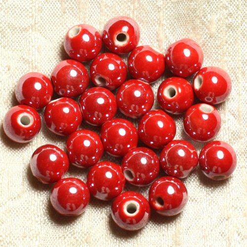 100pc - perles porcelaine ceramique boules 10mm rouge cerise