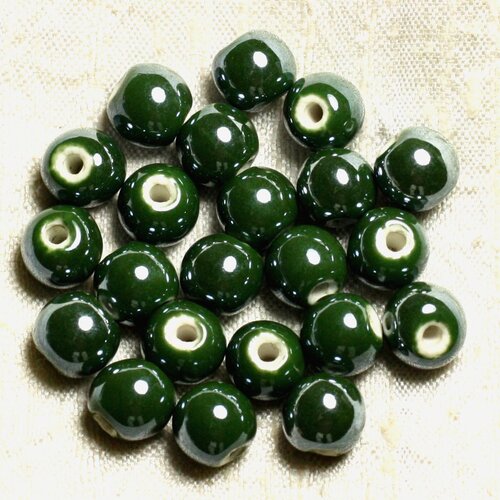 100pc - perles ceramique porcelaine boules 10mm vert olive sapin kaki