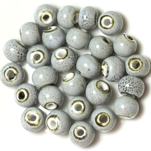 100pc - perles ceramique porcelaine boules 10mm bleu clair tacheté noir
