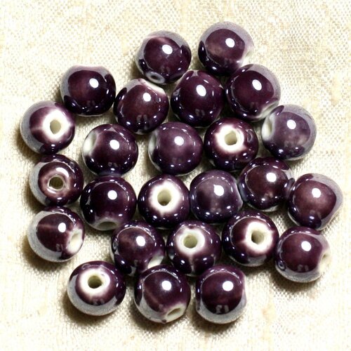 100pc - perles ceramique porcelaine boules 10mm violet byzantin