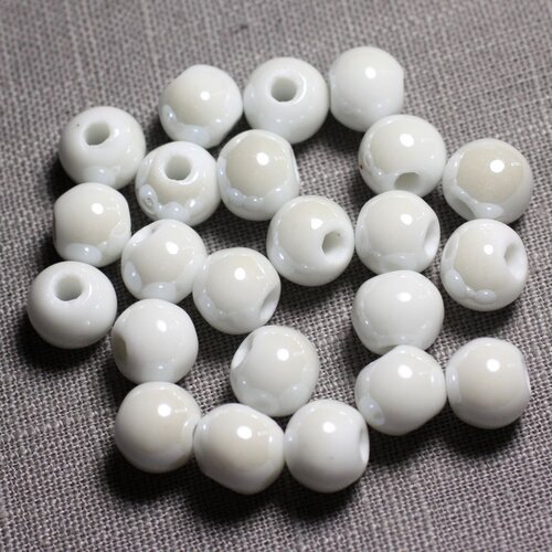 100pc - perles ceramique porcelaine boules 10mm blanc irisé