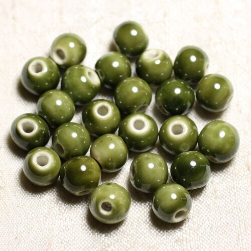 100pc - perles ceramique porcelaine boules 10mm vert olive kaki