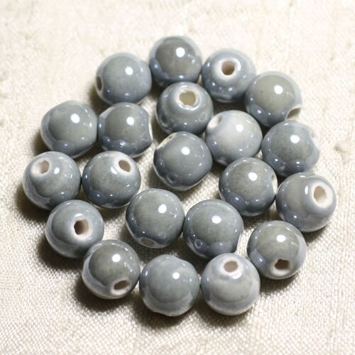 100pc - perles ceramique porcelaine boules 10mm gris clair perle pastel