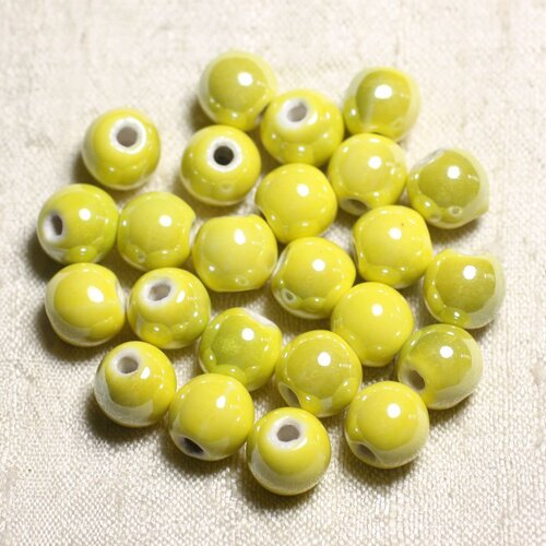 100pc - perles ceramique porcelaine boules 10mm jaune citron