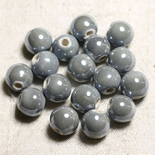100pc - perles céramique porcelaine rondes irisées 12mm gris perle