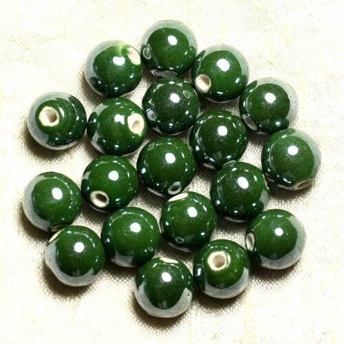 100pc - perles céramique porcelaine rondes irisées 12mm vert olive empire