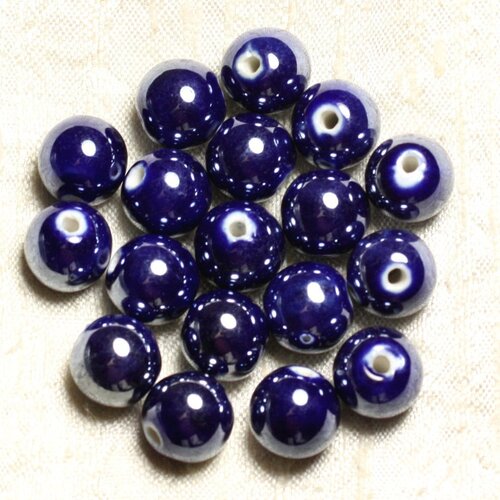 100pc - perles céramique porcelaine rondes irisées 12mm bleu nuit