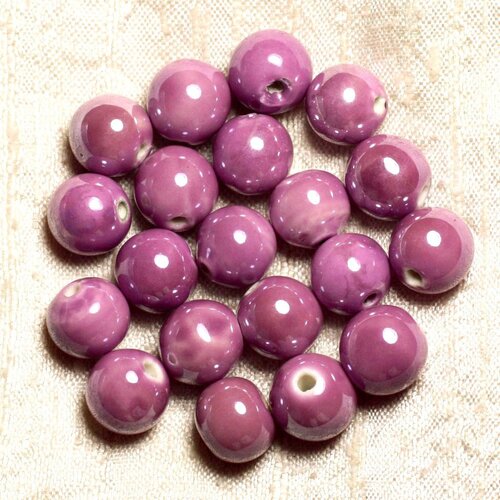 100pc - perles céramique porcelaine rondes irisées 12mm violet rose mauve