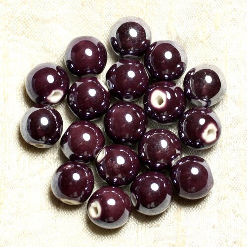 100pc - perles céramique porcelaine rondes irisées 12mm violet