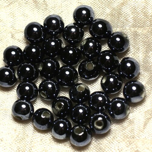 100pc - perles porcelaine céramique boules 8mm noir bleu nuit irisé