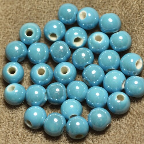 100pc - perles ceramique porcelaine boules 8mm bleu turquoise