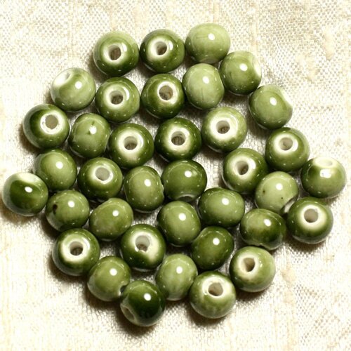 100pc - perles ceramique porcelaine boules 8mm vert olive kaki