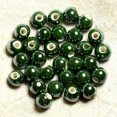 100pc - perles ceramique porcelaine boules 8mm vert olive sapin kaki irisé