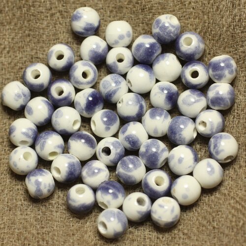 100pc - perles céramique porcelaine boules 6mm blanc et bleu lavande