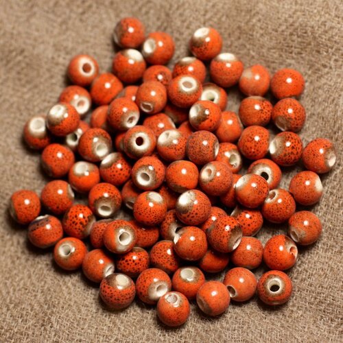 100pc - perles céramique porcelaine boules 6mm rouge orange marron