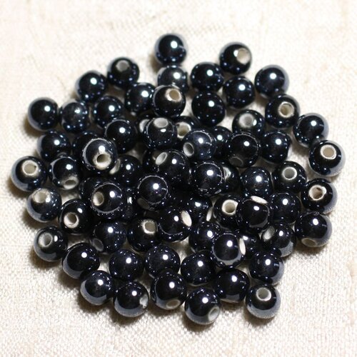 100pc - perles ceramique porcelaine boules 6mm noir bleu nuit irisé