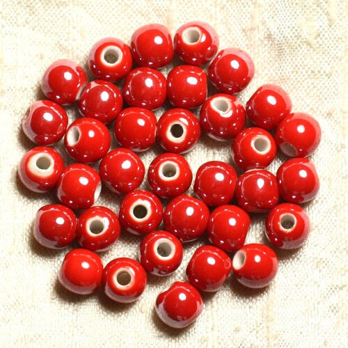 100pc - perles ceramique porcelaine boules 8mm rouge cerise