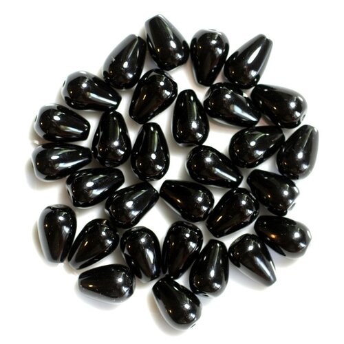 Fil 39cm 32pc env - perles de pierre - onyx noir gouttes 12x8mm