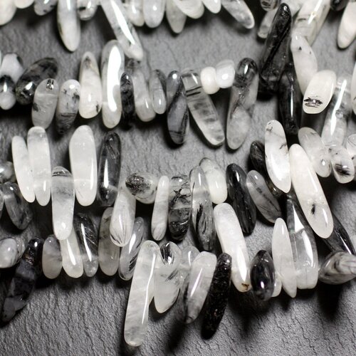 Fil 39cm 80pc env - perles de pierre - quartz tourmaline noire rocailles chips batonnets 12-22mm