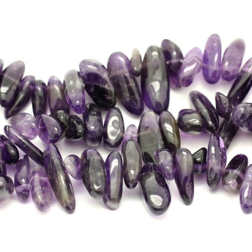 Fil 39cm 90pc environ - perles pierre - amethyste rocailles chips batonnets 12-20mm violet blanc mauve