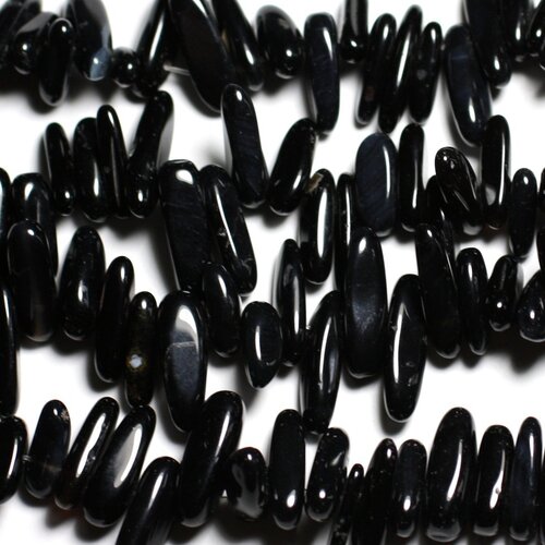 Fil 39cm 65pc env - perles de pierre - onyx noir rocailles chips batonnets 12-25mm