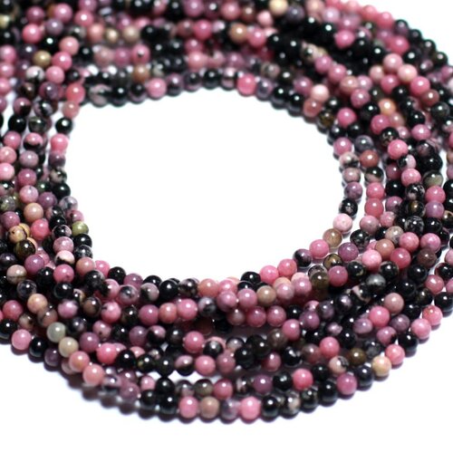 Fil 39cm 180pc env - perles de pierre - rhodonite rose et noir boules 2mm