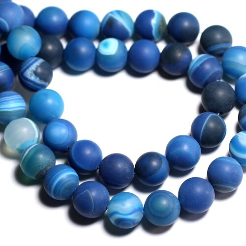 Fil 39cm 37pc env - perles de pierre - agate bleue boules 10mm mat givré