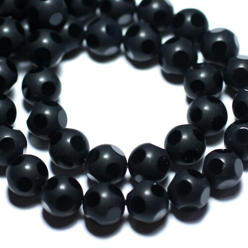 Fil 39cm 38pc env - perles de pierre - onyx noir mat givré boules facettées 10mm